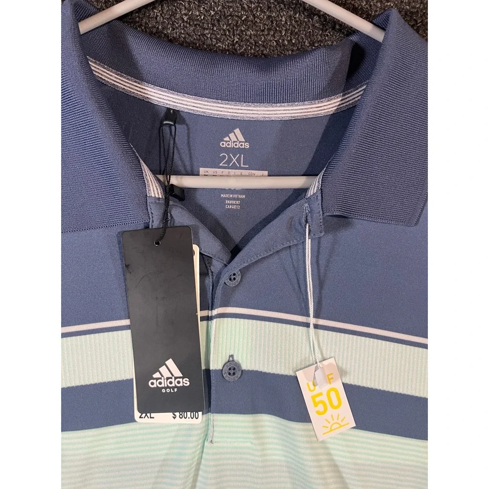 Adidas‎ Golf Mens Ultimate Wrap Polo Shirt Blue Mint Striped 2XL New